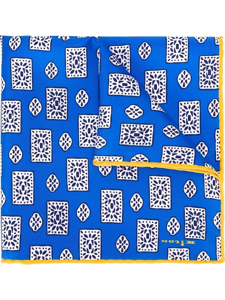 Kiton Geometric Print Pocket Square, Men's, Blue, Silk