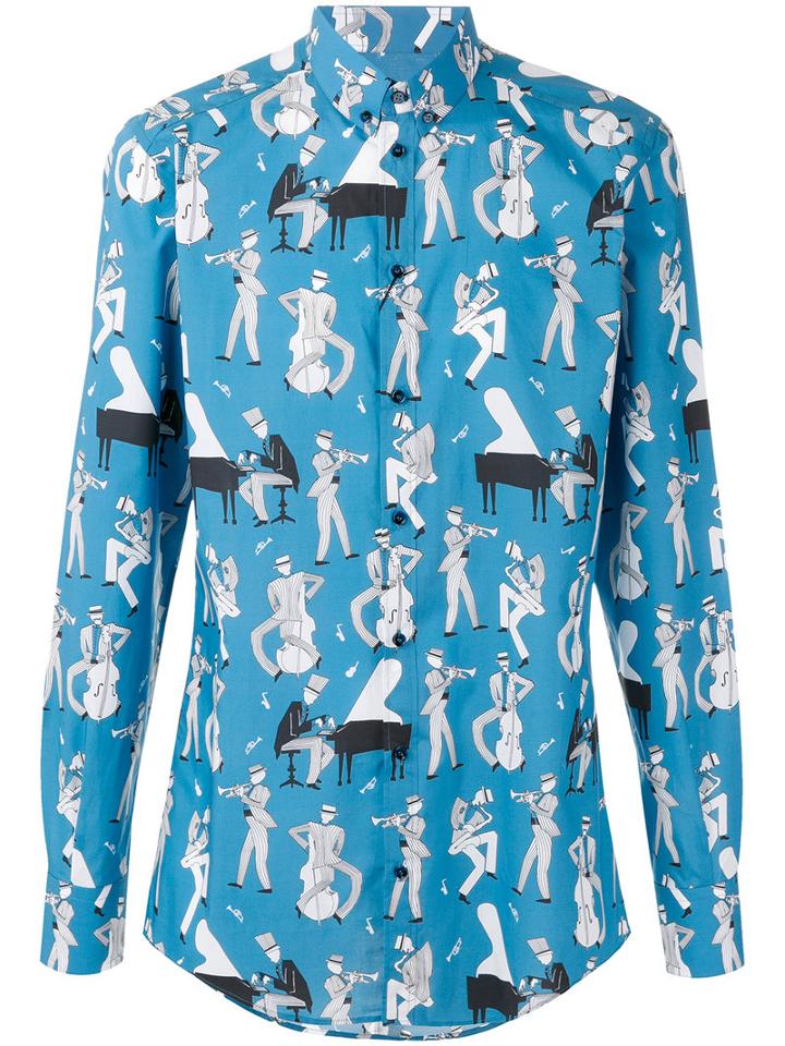Dolce & Gabbana Jazz Musicians Print Shirt, Men's, Size: 40, Blue, Cotton
