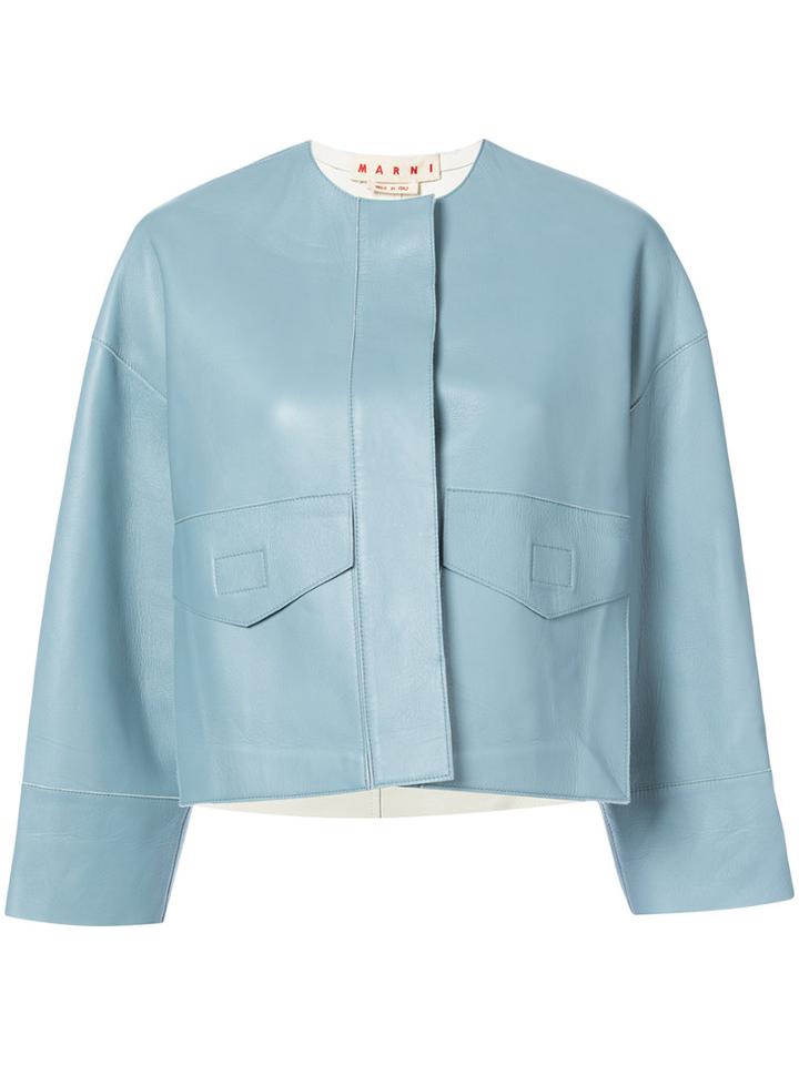 Marni - Collarless Cropped Jacket - Women - Lamb Skin - 36, Blue, Lamb Skin