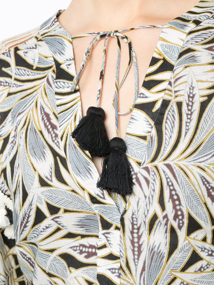 Alexis Foliage Print Tassel Blouse - Black