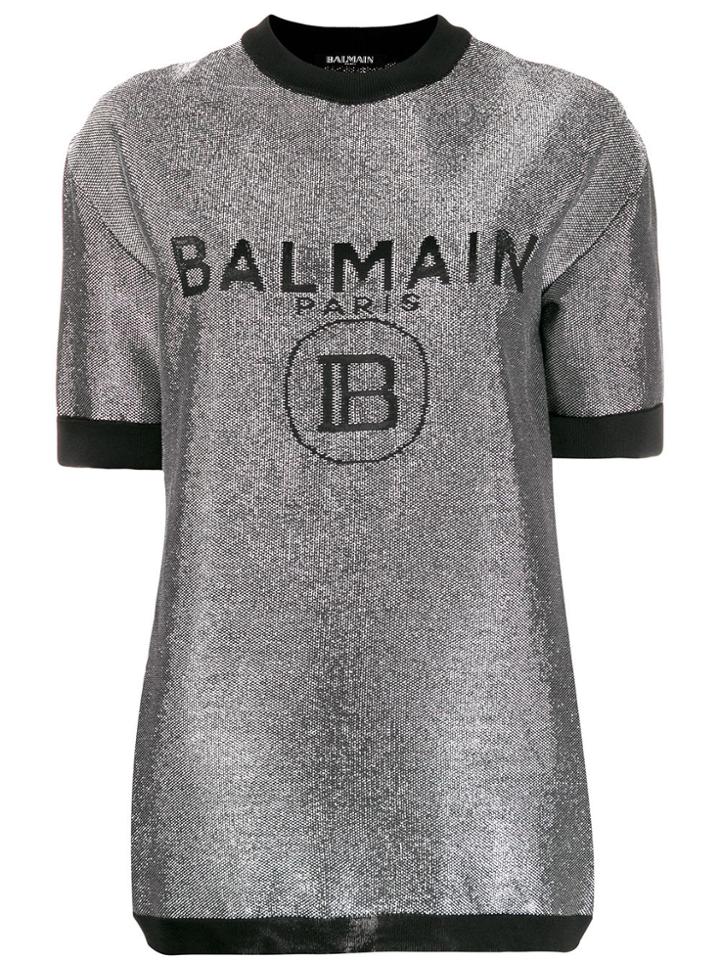 Balmain Logo Print Metallic T-shirt - Silver