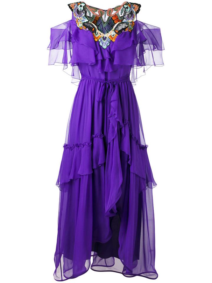 Alberta Ferretti - Cut-out Shoulders Ruffled Dress - Women - Silk - 40, Pink/purple, Silk