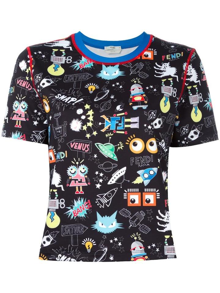 Fendi Monster Space Print T-shirt, Women's, Size: 40, Black, Polyester/spandex/elastane