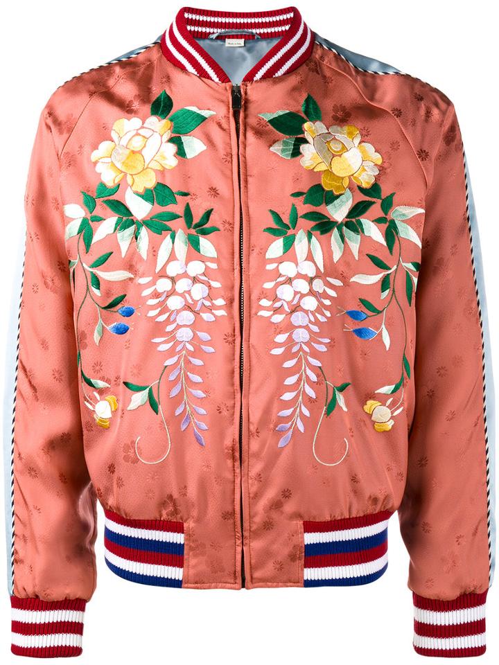Gucci Floral-embroidered Bomber Jacket, Men's, Size: 48, Yellow/orange, Viscose/cupro