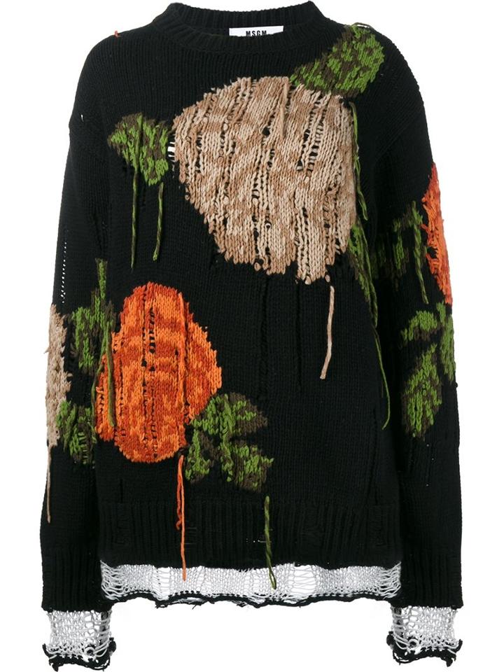 Msgm Oversized Distressed Rose Sweater, Women's, Size: Medium, Black, Polyamide/wool