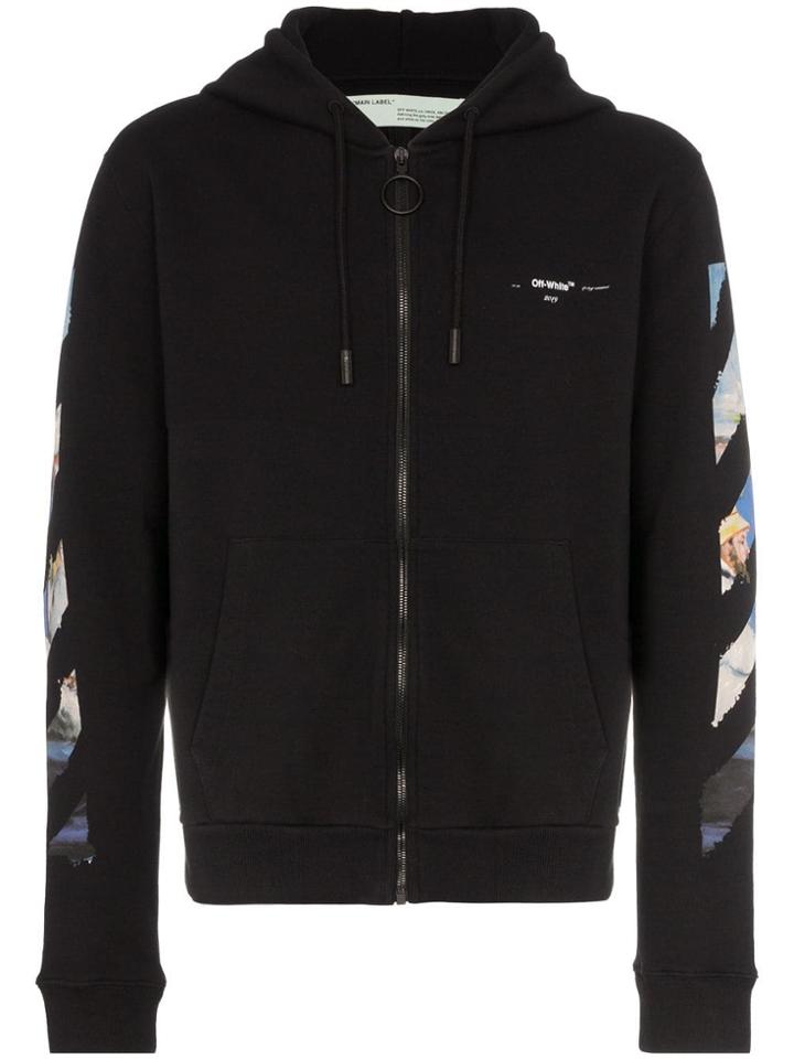 Off-white Diagonal Arrow Print Zipped Cotton Hoodie - Black
