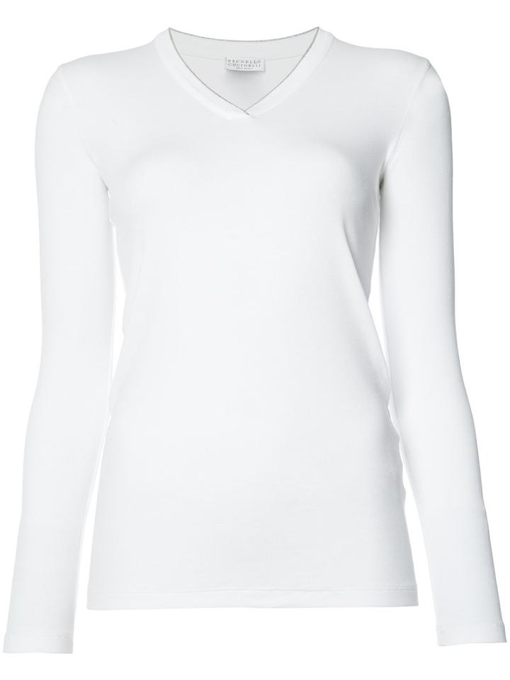 Brunello Cucinelli V-neck Longsleeved T-shirt, Women's, Size: Large, White, Cotton/spandex/elastane