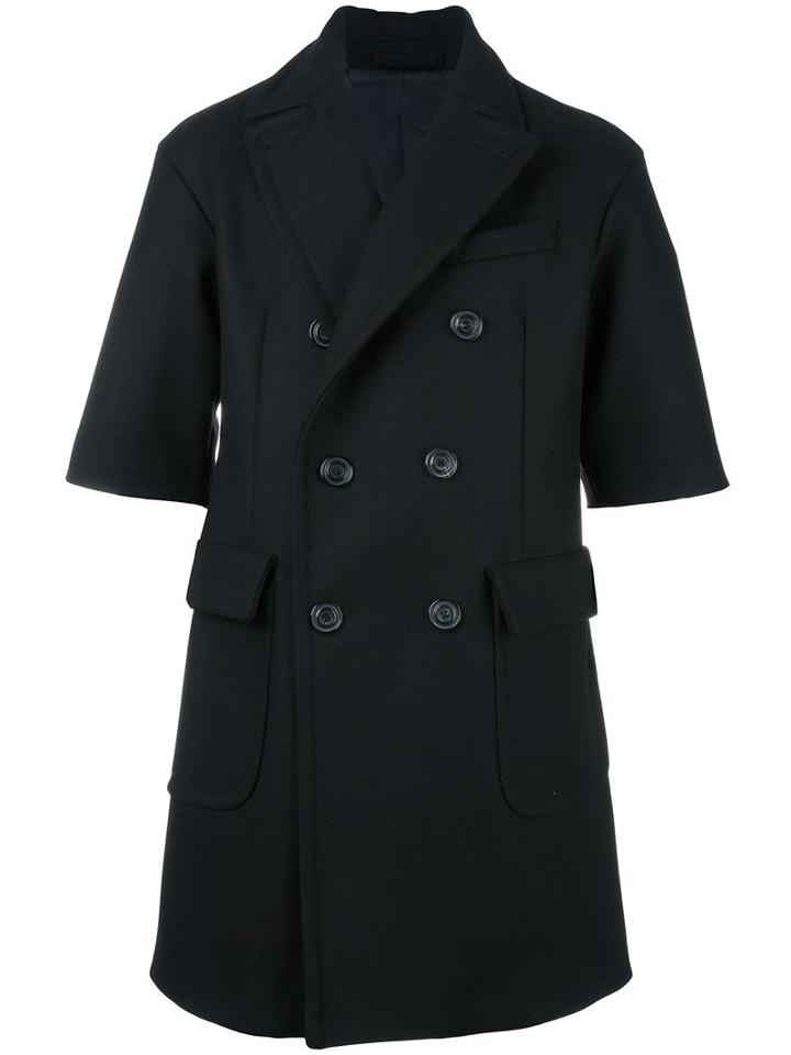 Wooster + Lardini Shortsleeved Double-breasted Coat, Men's, Size: 48, Black, Wool/viscose/cotton