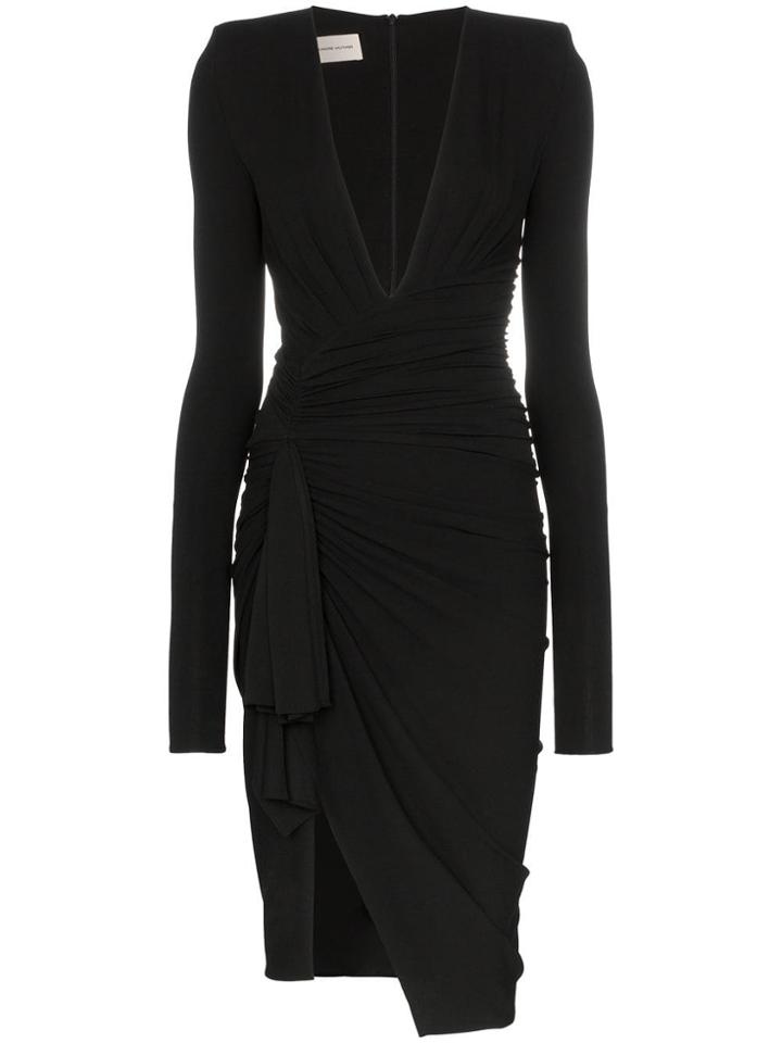 Alexandre Vauthier Deep V Gathered Waist Padded Shoulder Midi Dress -