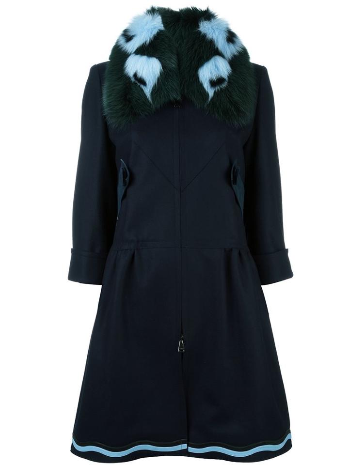 Fendi Fox Fur Collar Coat, Women's, Size: 42, Blue, Spandex/elastane/cashmere/wool/lamb Skin