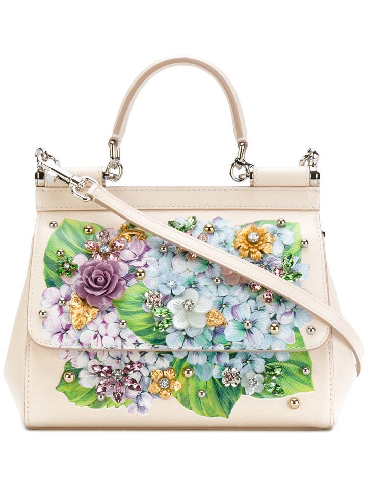 Dolce & Gabbana - Small Sicily Hydrangea Print Shoulder Bag - Women - Calf Leather - One Size, Nude/neutrals, Calf Leather