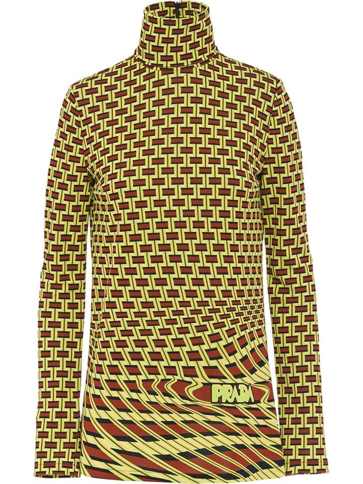 Prada Wave Print Turtleneck Blouse - Green