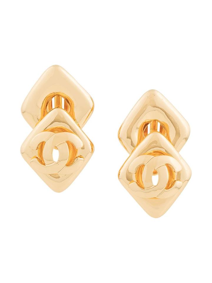 Chanel Vintage Double Diamond-shaped Cc Earrings - Gold