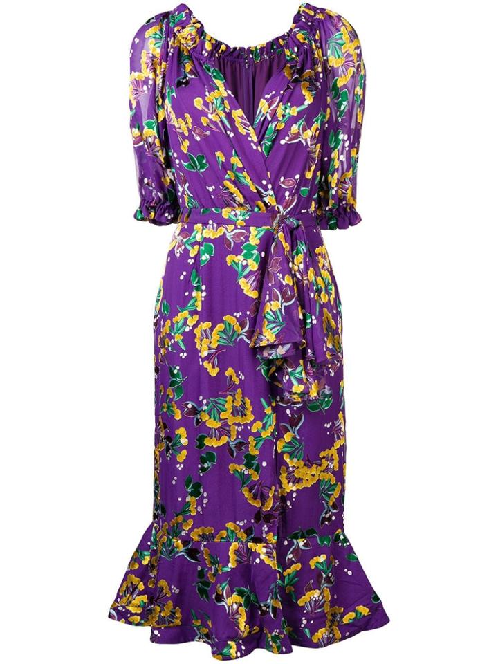 Saloni Floral Print Wrap Dress - Purple