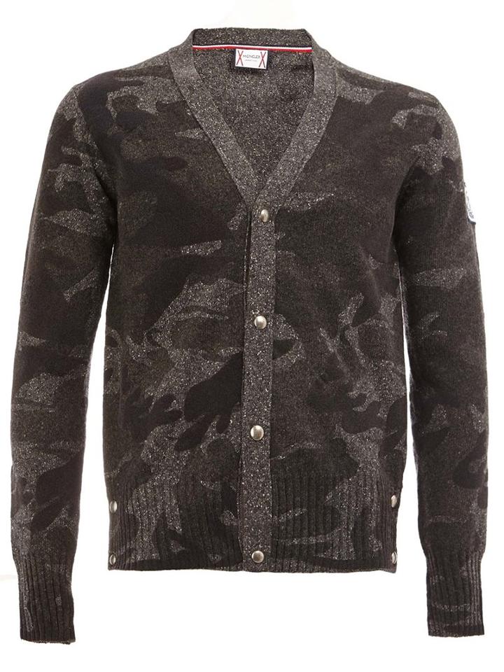 Moncler Gamme Bleu Camouflage Pattern Cardigan, Men's, Size: Xl, Grey, Silk/polyamide/polyester/wool