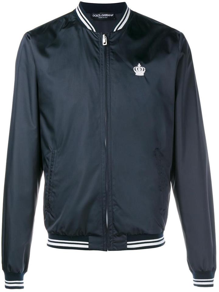 Dolce & Gabbana Embroidered Crown Bomber Jacket, Men's, Size: 52, Blue, Polyester