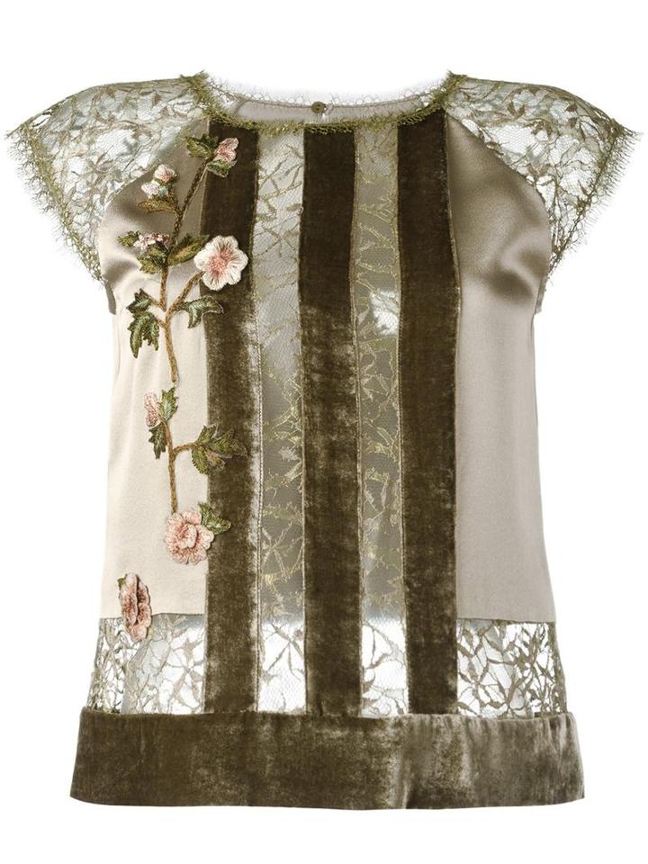 Alberta Ferretti Striped Floral Lace Blouse, Women's, Size: 44, Green, Silk/polyamide/polyester/rayon