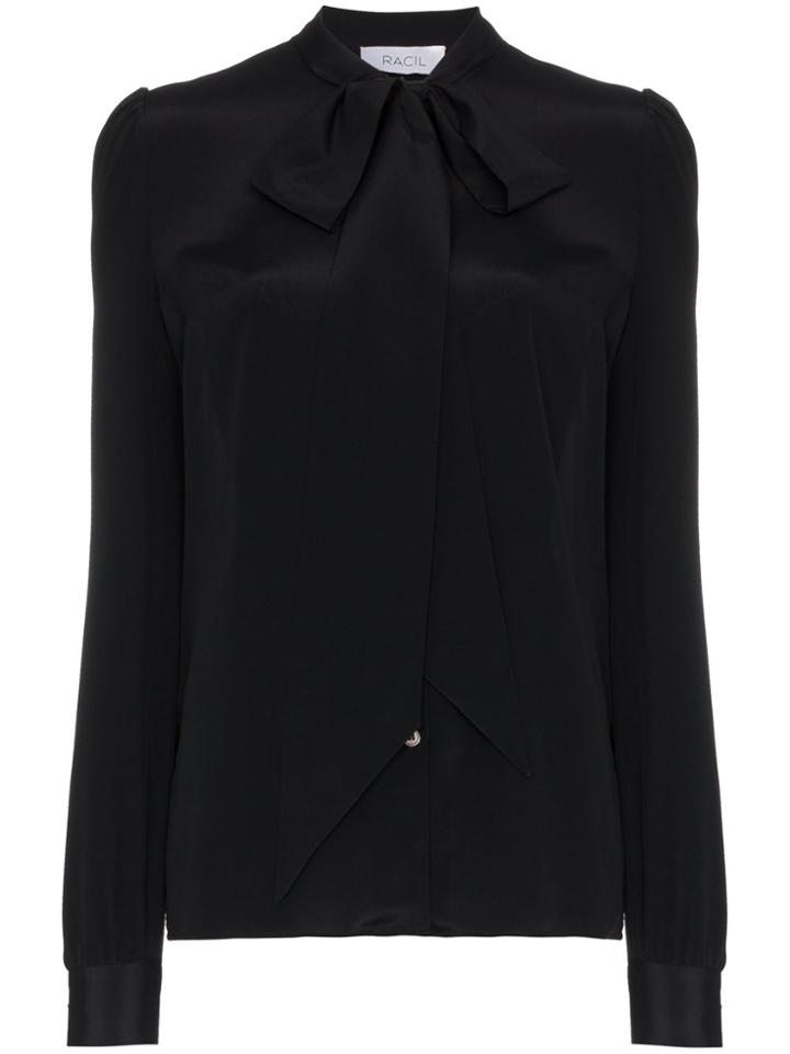 Racil Long Sleeve Silk Blouse With Tie Neck - Black