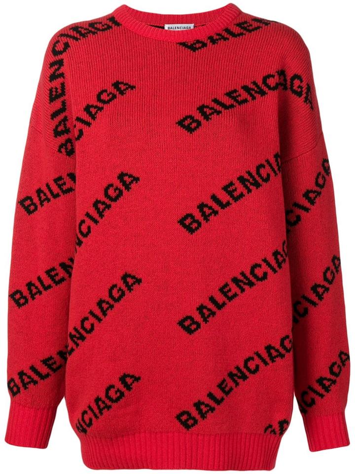 Balenciaga Jacquard Logo Crewneck Sweater - Red