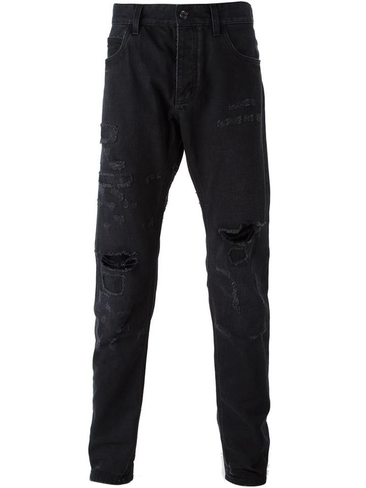 Dolce & Gabbana Ripped Jeans, Men's, Size: 52, Black, Cotton/pvc/metallic Fibre/leather