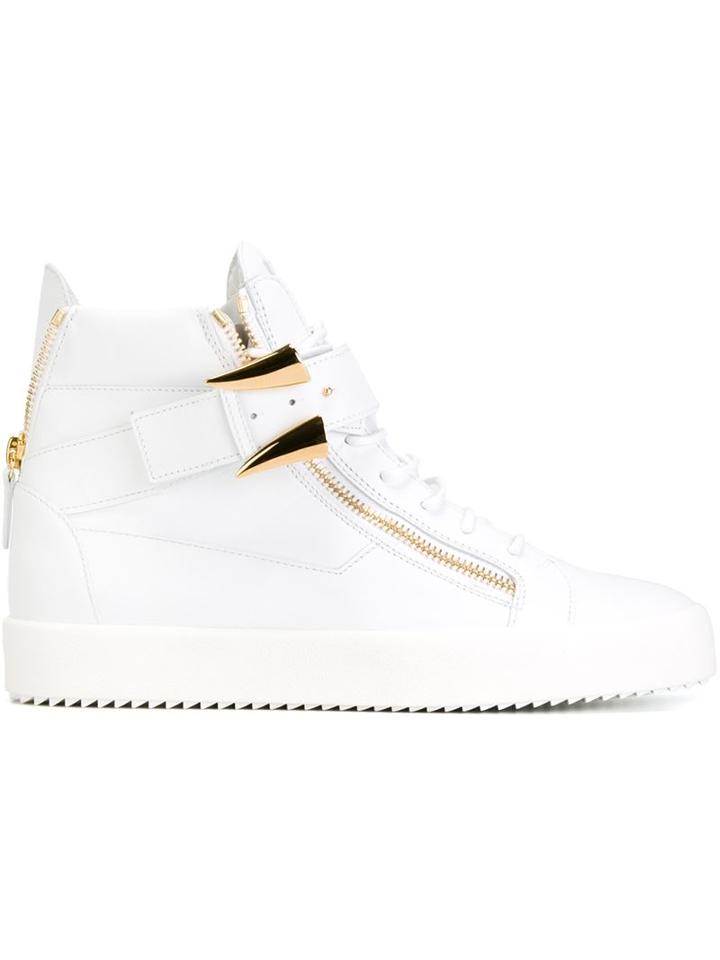 Giuseppe Zanotti Design Metal Appliqué Hi-top Sneakers, Men's, Size: 41, White, Calf Leather/leather/rubber