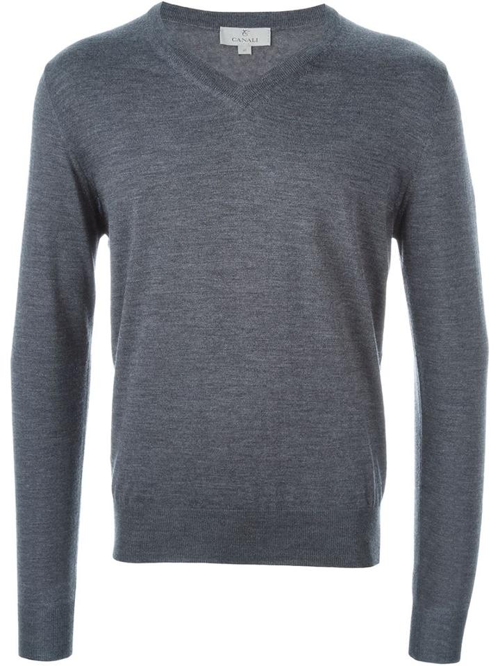 Canali V-neck Sweater, Men's, Size: 50, Grey, Merino