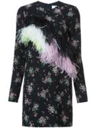 Msgm Floral Print Feather Trim Dress - Black