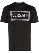 Versace Logo Check Print Cotton T Shirt - Black