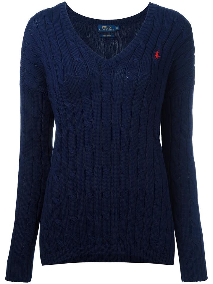 Polo Ralph Lauren Cable Knit V-neck Jumper, Women's, Size: Xs, Blue, Cotton