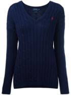 Polo Ralph Lauren Cable Knit V-neck Jumper, Women's, Size: Xs, Blue, Cotton