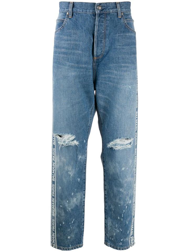 Balmain Logo Stripe Loose Jeans - Blue
