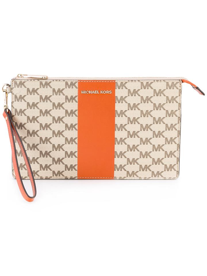 Michael Michael Kors - Logo Print Clutch - Women - Cotton/leather - One Size, Nude/neutrals, Cotton/leather