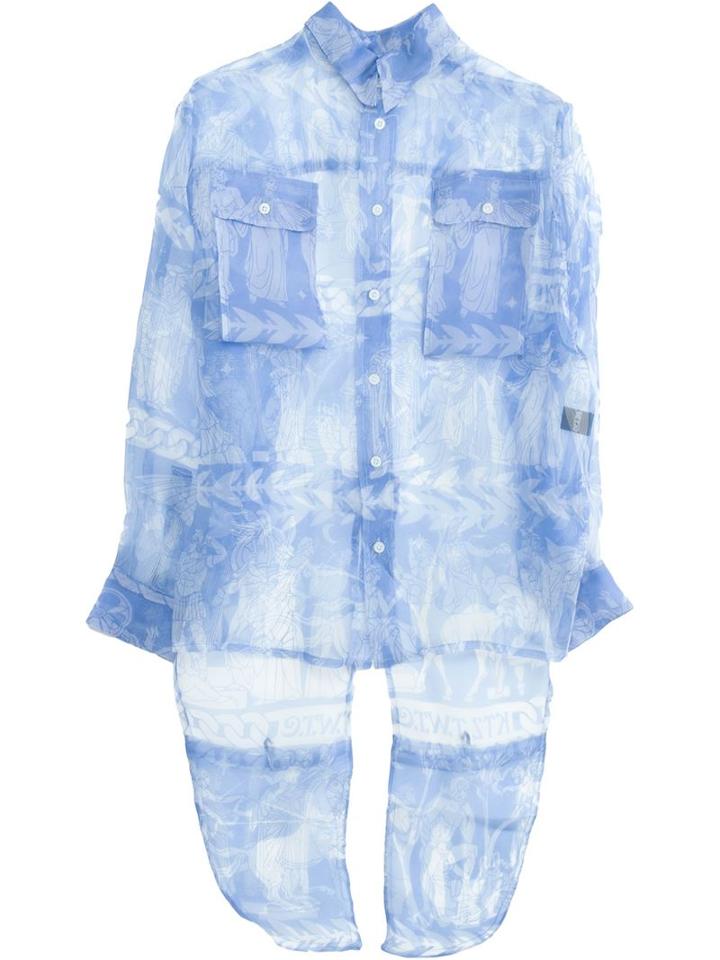 Ktz Greek Print Sheer Shirt, Women's, Size: Small, Blue, Silk