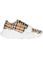 Burberry White, Yellow And Black Vintage Check Cotton Sneakers - Brown
