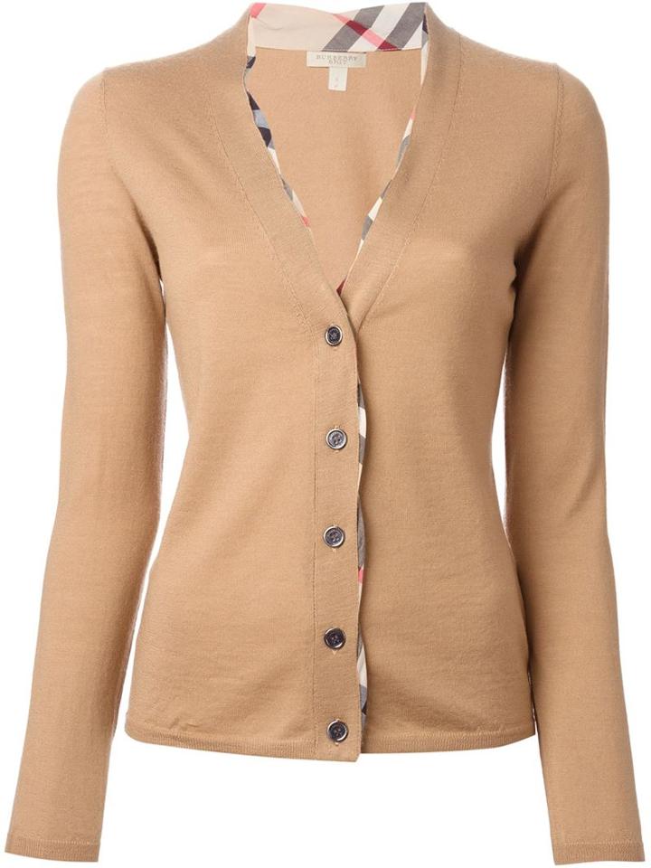 Burberry 'haymarket Check' Detail Cardigan, Women's, Size: Medium, Nude/neutrals, Wool