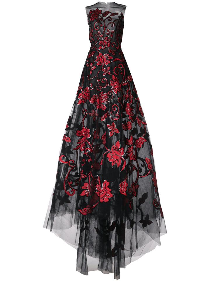 Oscar De La Renta Taffeta And Sequin Floral Embroidered Gown