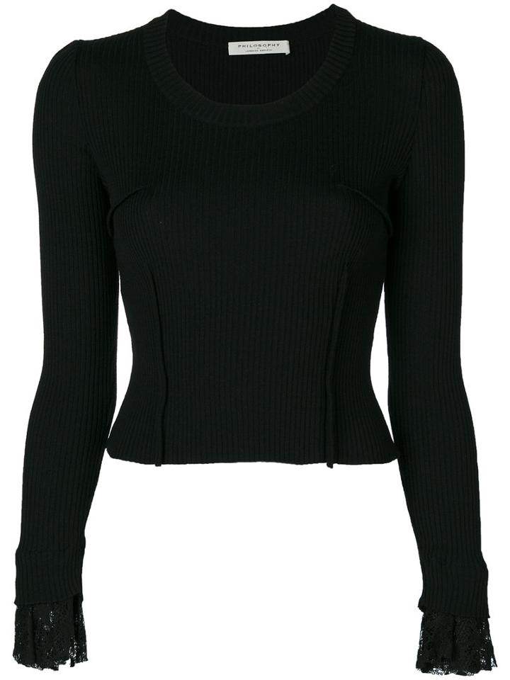 Philosophy Di Lorenzo Serafini - Lace Cuffs Ribbed Blouse - Women - Cotton/polyamide/viscose - 42, Black, Cotton/polyamide/viscose