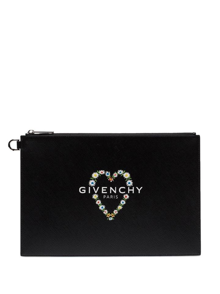Givenchy Black Daisy Heart Zipper Clutch