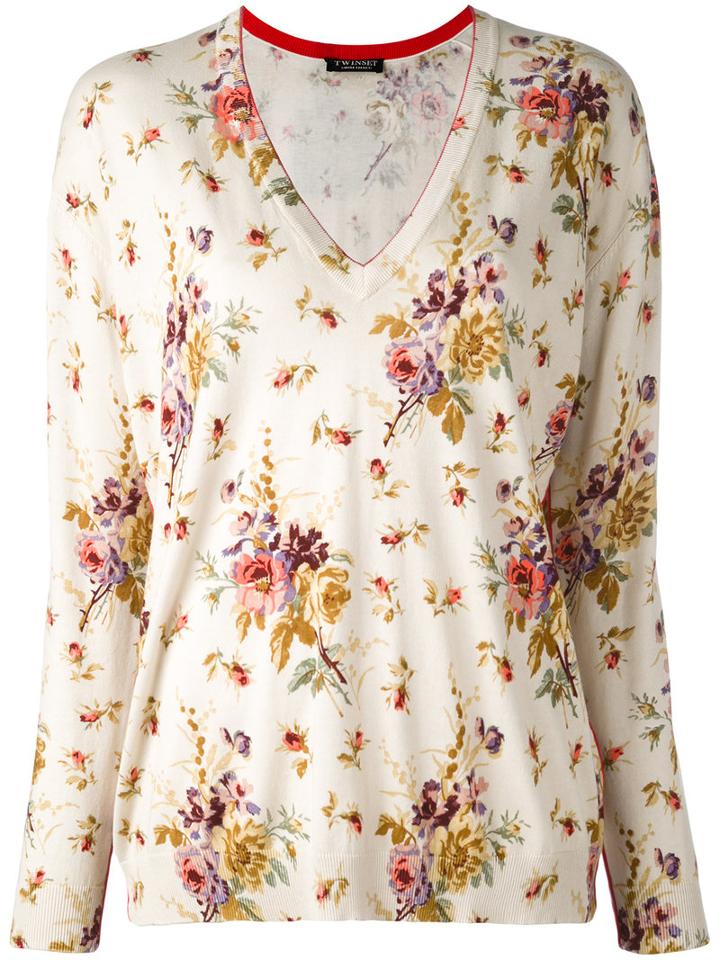 Twin-set - Floral V-neck Sweater - Women - Cotton/viscose - L, Nude/neutrals, Cotton/viscose