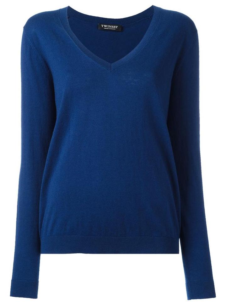 Twin-set V-neck Jumper, Women's, Size: Xl, Blue, Cotton/cashmere