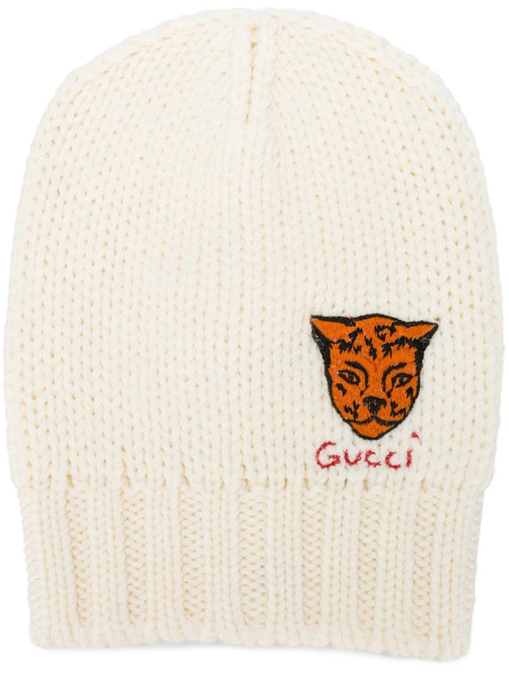 Gucci Tiger Embroidered Knit Beanie - White