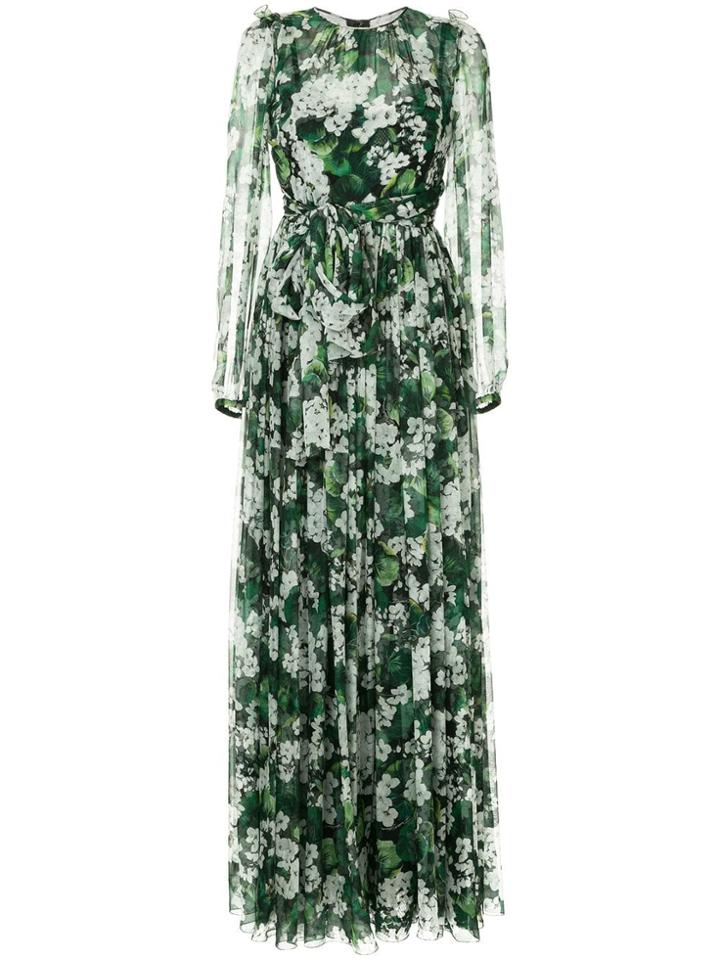 Dolce & Gabbana White Geranium Printed Maxi Dress - Green