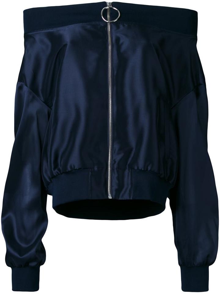 Le Ciel Bleu Off Shoulder Bomber Jacket, Women's, Size: 36, Blue, Polyester/triacetate