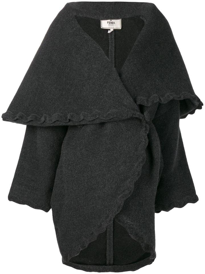 Fendi Vintage Scalloped Trim Wrap Coat - Grey