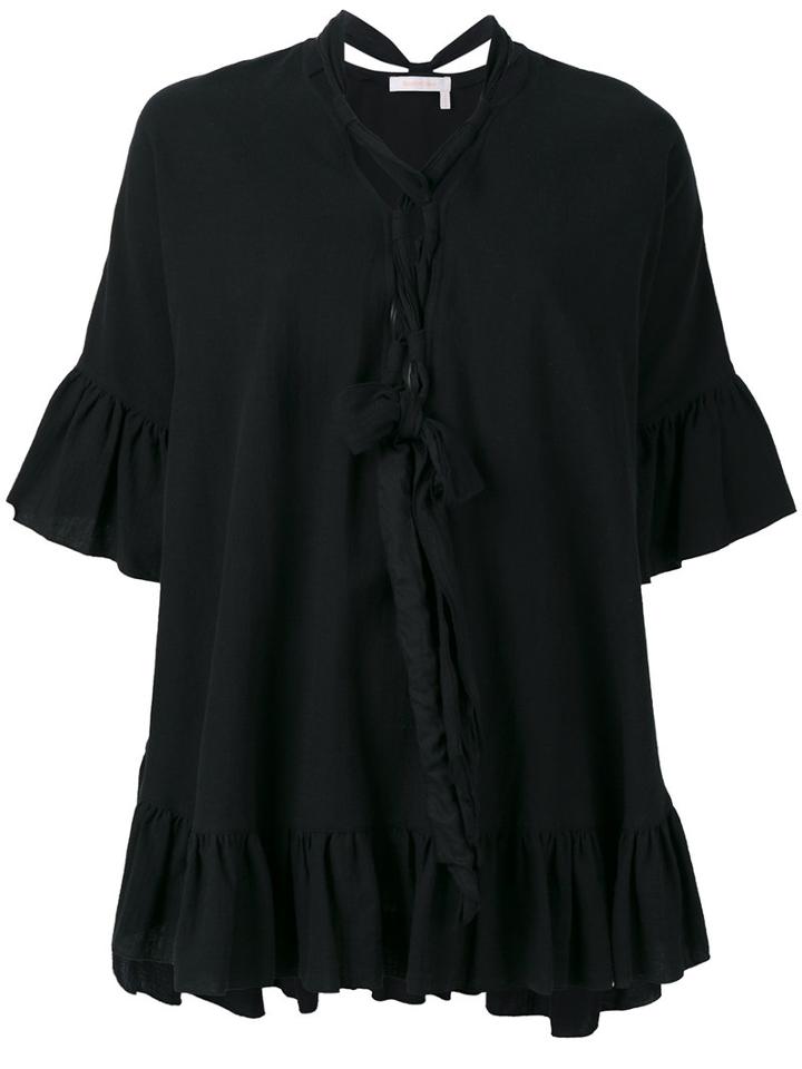 See By Chloé - Lace Front Flared Blouse - Women - Cotton/linen/flax - 36, Women's, Black, Cotton/linen/flax