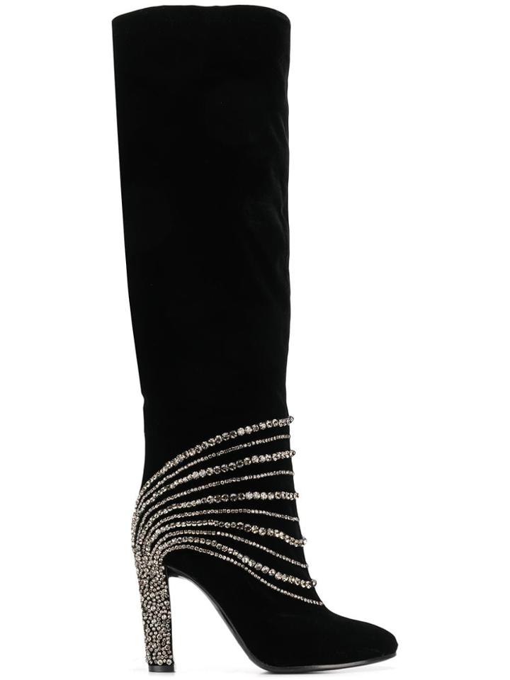 Alberta Ferretti Thigh High Embellished Boots - Black