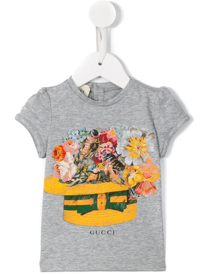 Gucci Kids - Bird Flower Hat T-shirt - Kids - Cotton - 3-6 Mth, Grey