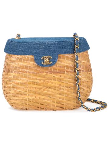 Chanel Vintage Cc Logo Straw Basket Shoulder Bag - Nude & Neutrals