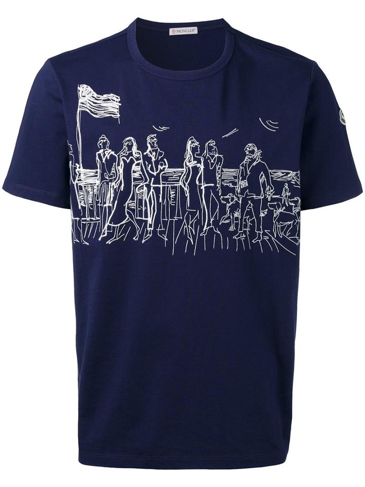 Moncler Seaside Scene T-shirt, Men's, Size: Large, Blue, Cotton/polyester/acrylic