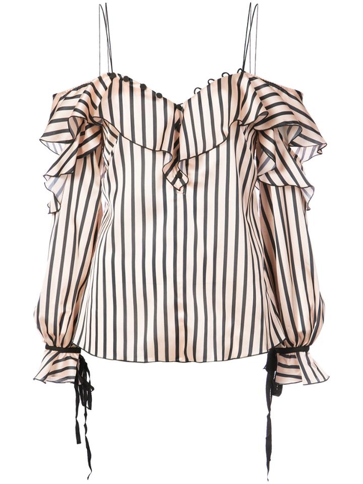 Self-portrait Ruffle Striped Cold Shoulder Blouse - Nude & Neutrals